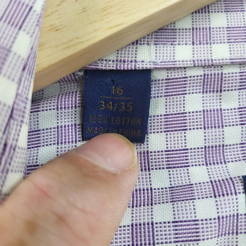 David Donahue Shirt Mens 16 34/35 Purple‎ White Check Long Sleeve Button Front